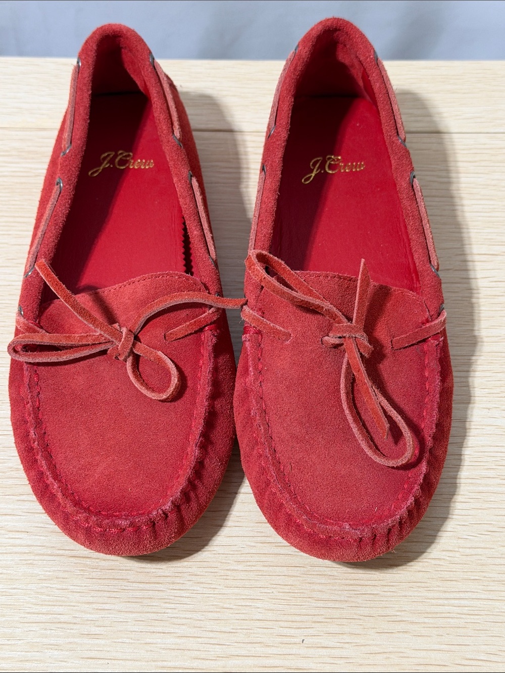 J. Crew Red Suede Bow Moccasin Loafers
